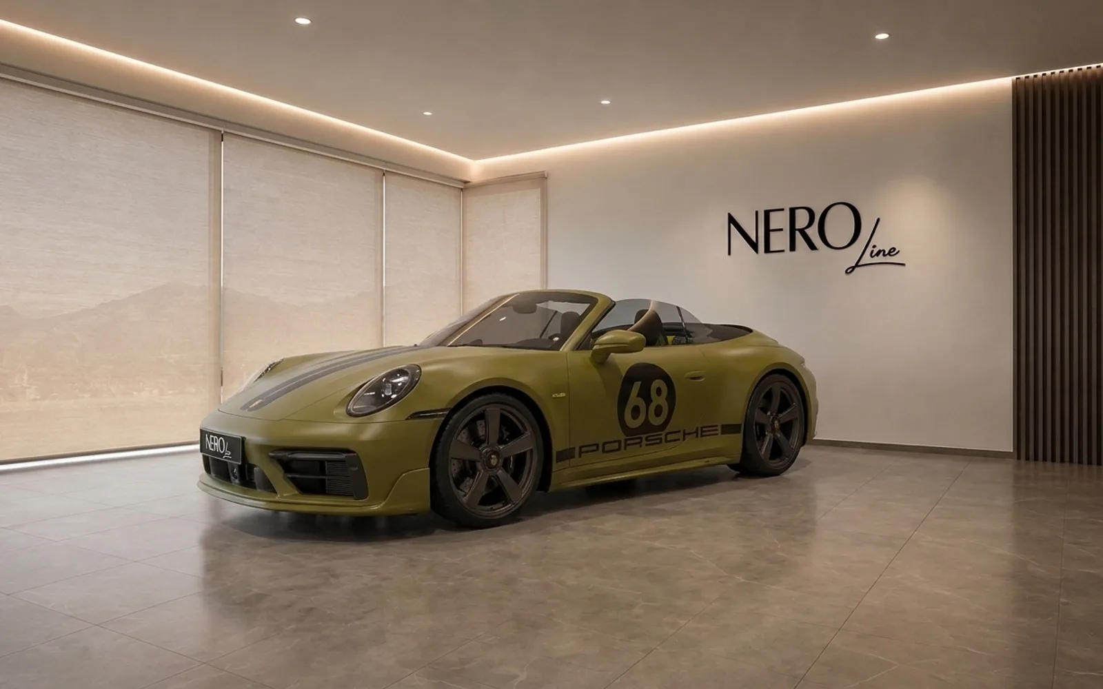 The satin olive green Porsche 911 Spirit 70 convertible is displayed in a modern Zurich showroom, showing its front-three-quarter view.