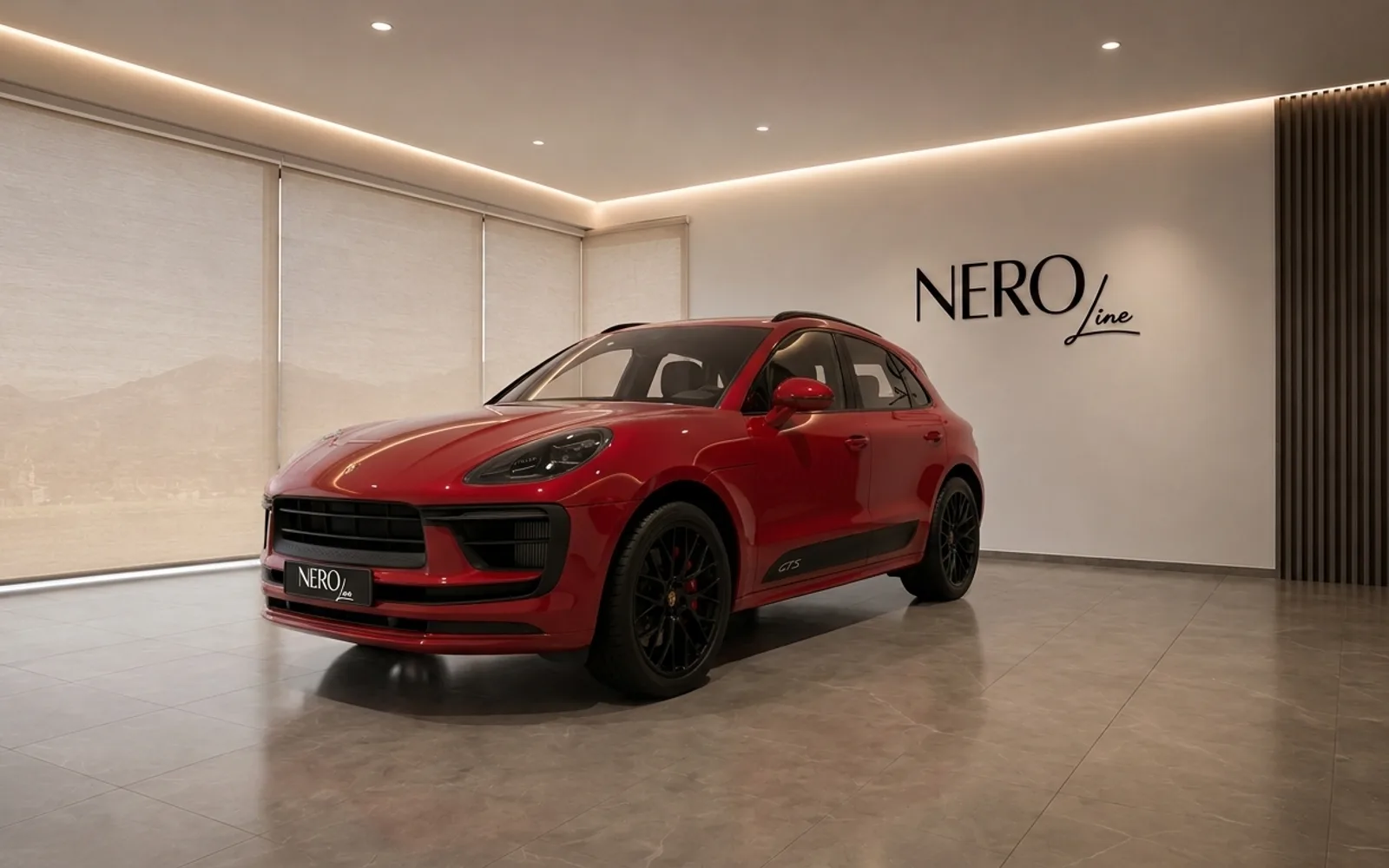 The red Porsche Macan GTS is showcased from a front three-quarter angle in a modern NEROline showroom in Lausanne.