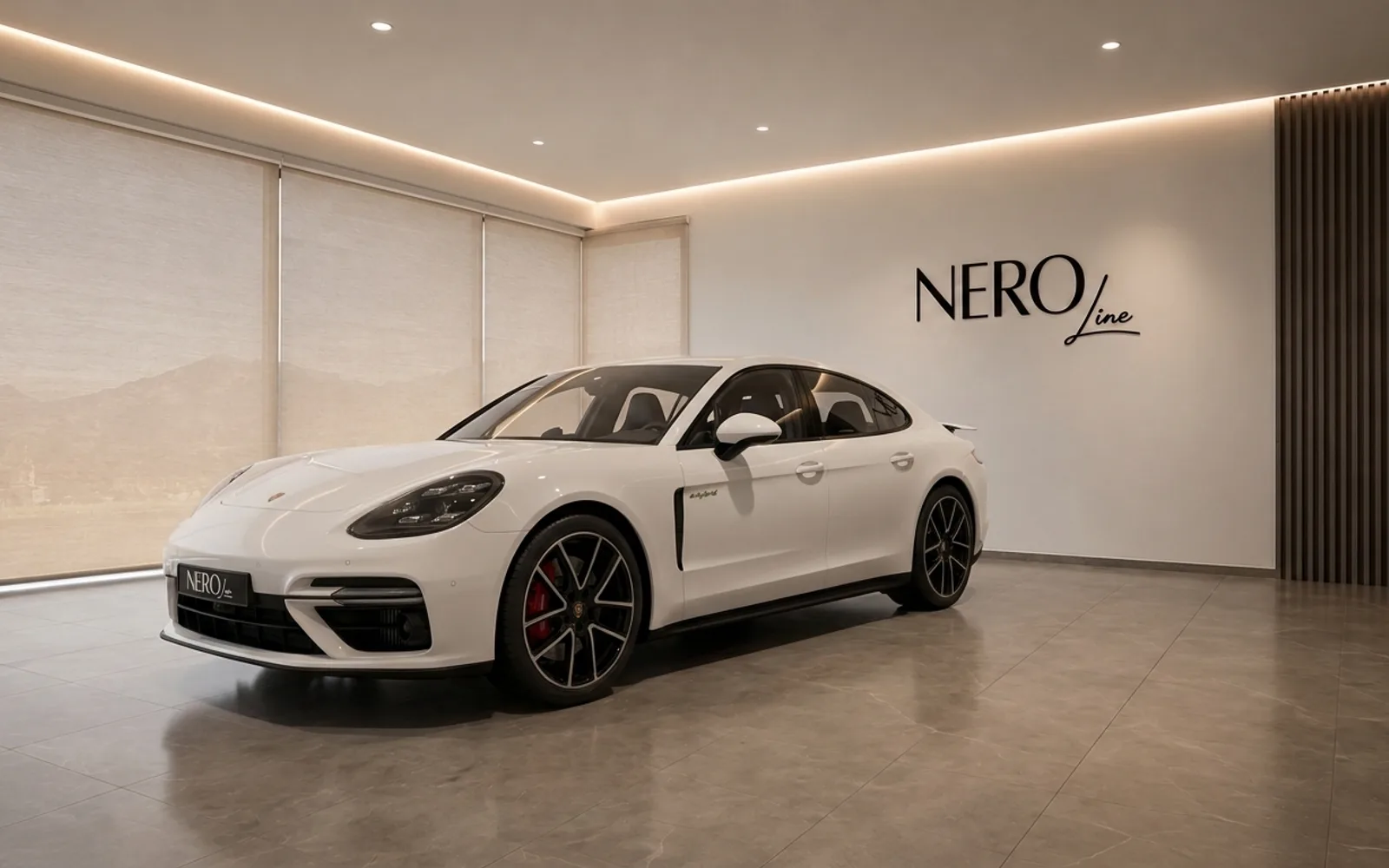Porsche Panamera 4S E-Hybrid — Showroom Lausanne The white 2024 Porsche Panamera 4S E-Hybrid is showcased in a modern showroom with the Nero Line logo in Lausanne.