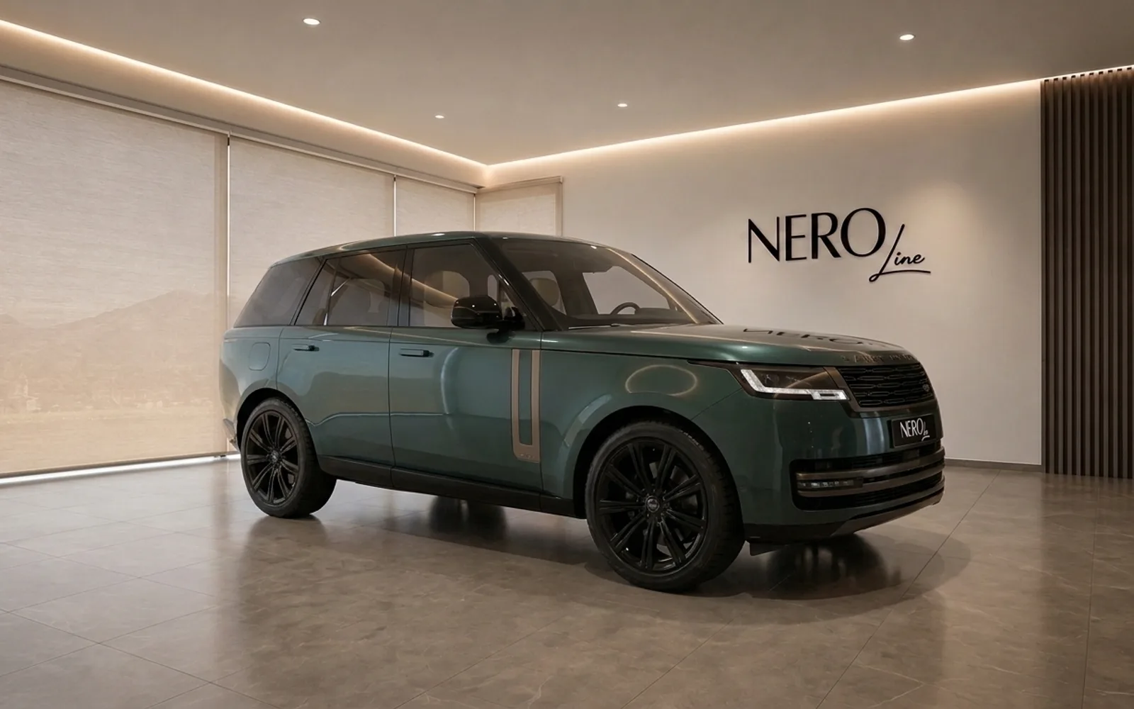The gloss dark green 2023 Land Rover Range Rover is showcased from a front three-quarter view inside the Nero Line showroom in Lausanne.