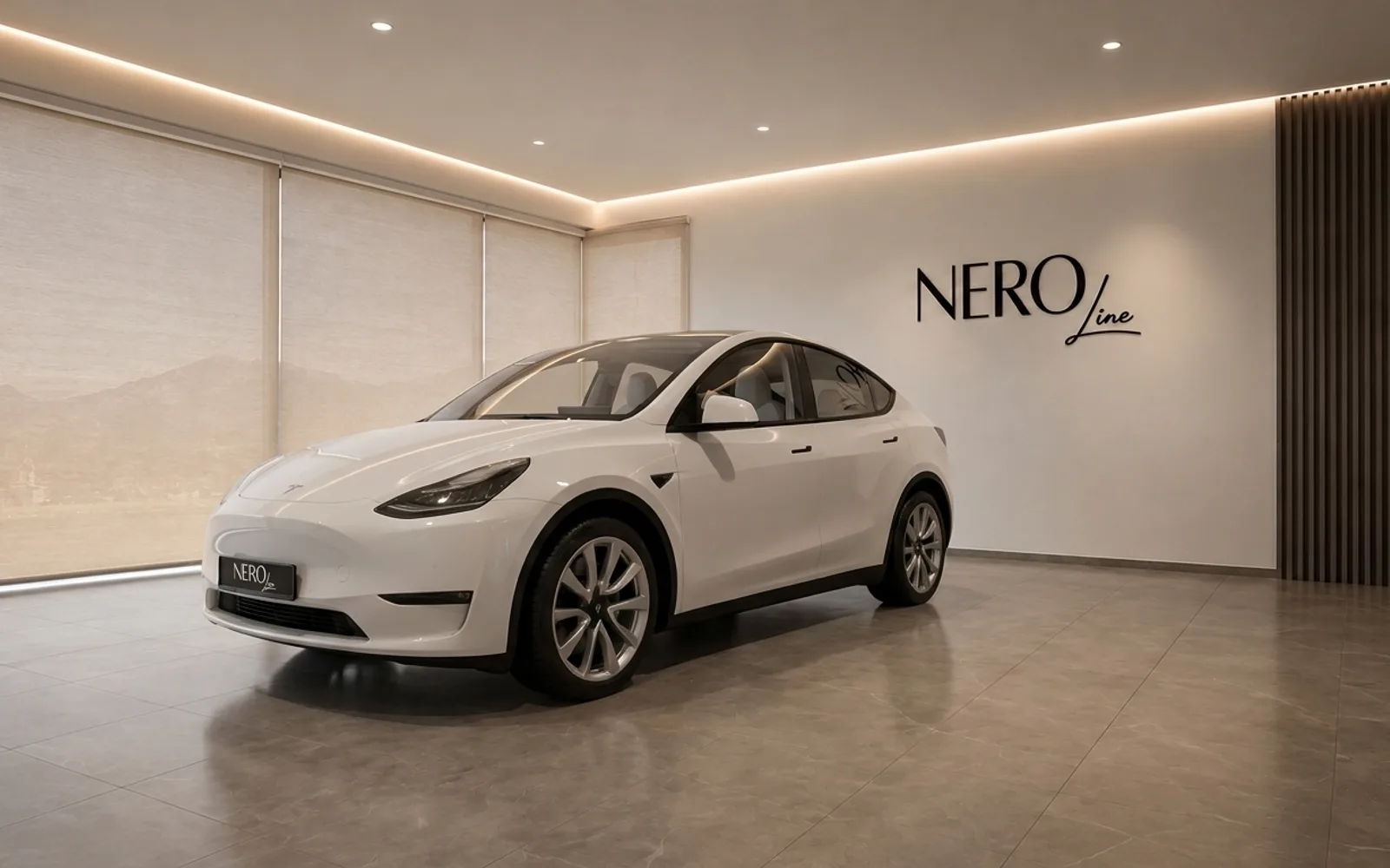 Tesla Model Y — Front three-quarter view showroom The gloss white Tesla Model Y is showcased in a modern showroom, captured from a front three-quarter angle in Lausanne.