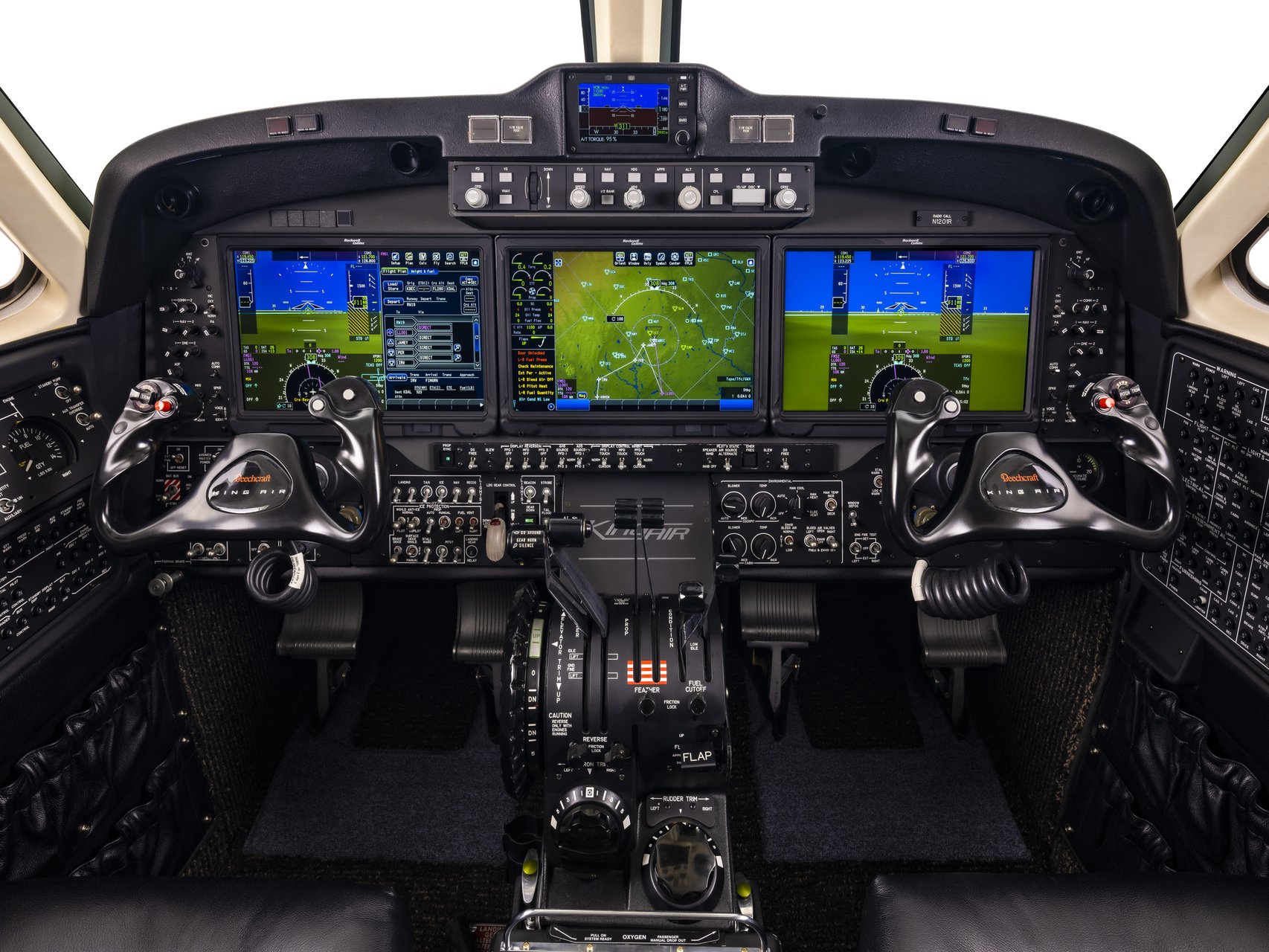 Beechcraft King Air 360 — Advanced Cockpit The advanced cockpit dashboard of the Beechcraft King Air 360 turboprop, featuring multiple digital displays and controls, ready for flights from Malaga.