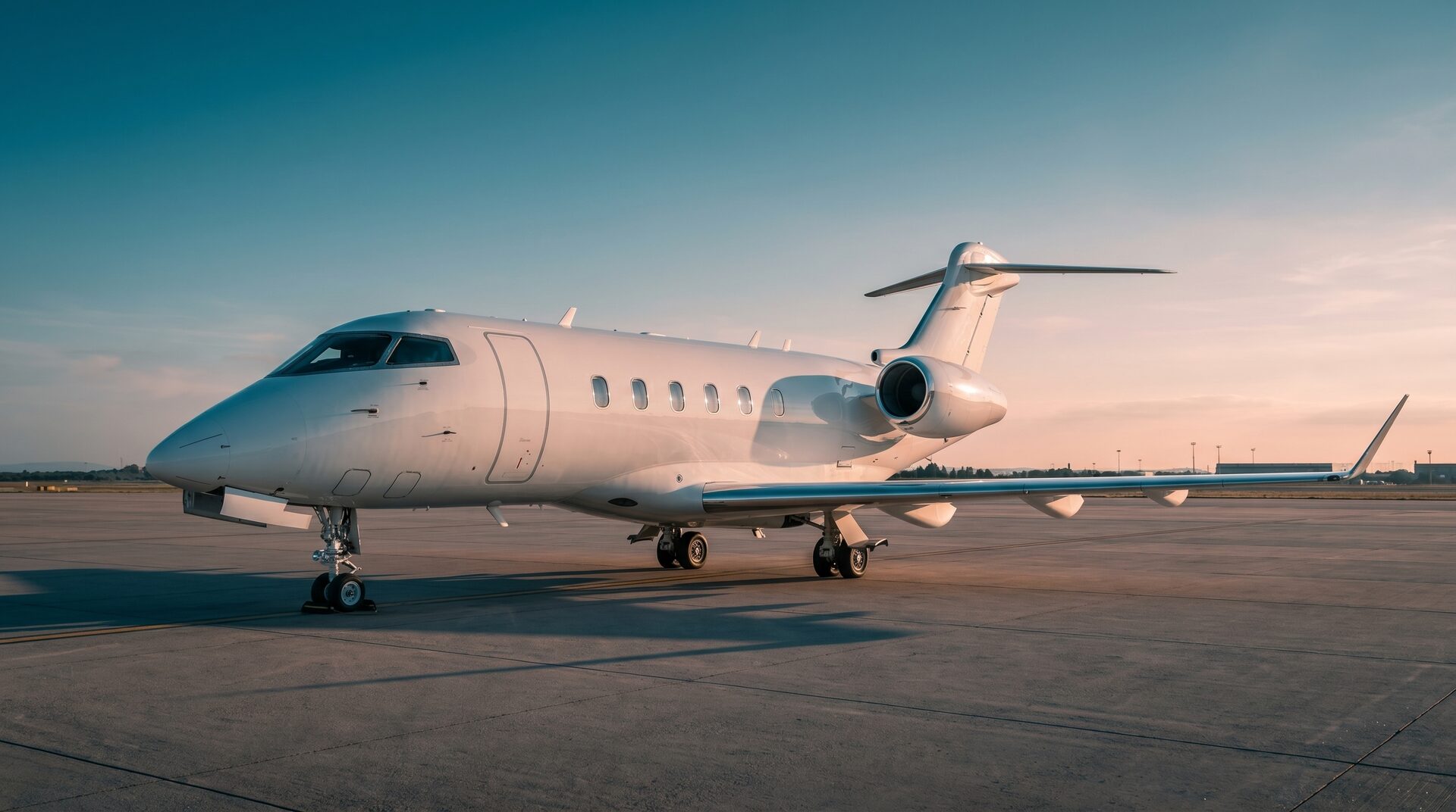 Bombardier Challenger 350 — Private jet on tarmac A white Bombardier Challenger 350 private jet is parked on the tarmac at sunset, showcasing its sleek design in Madrid.