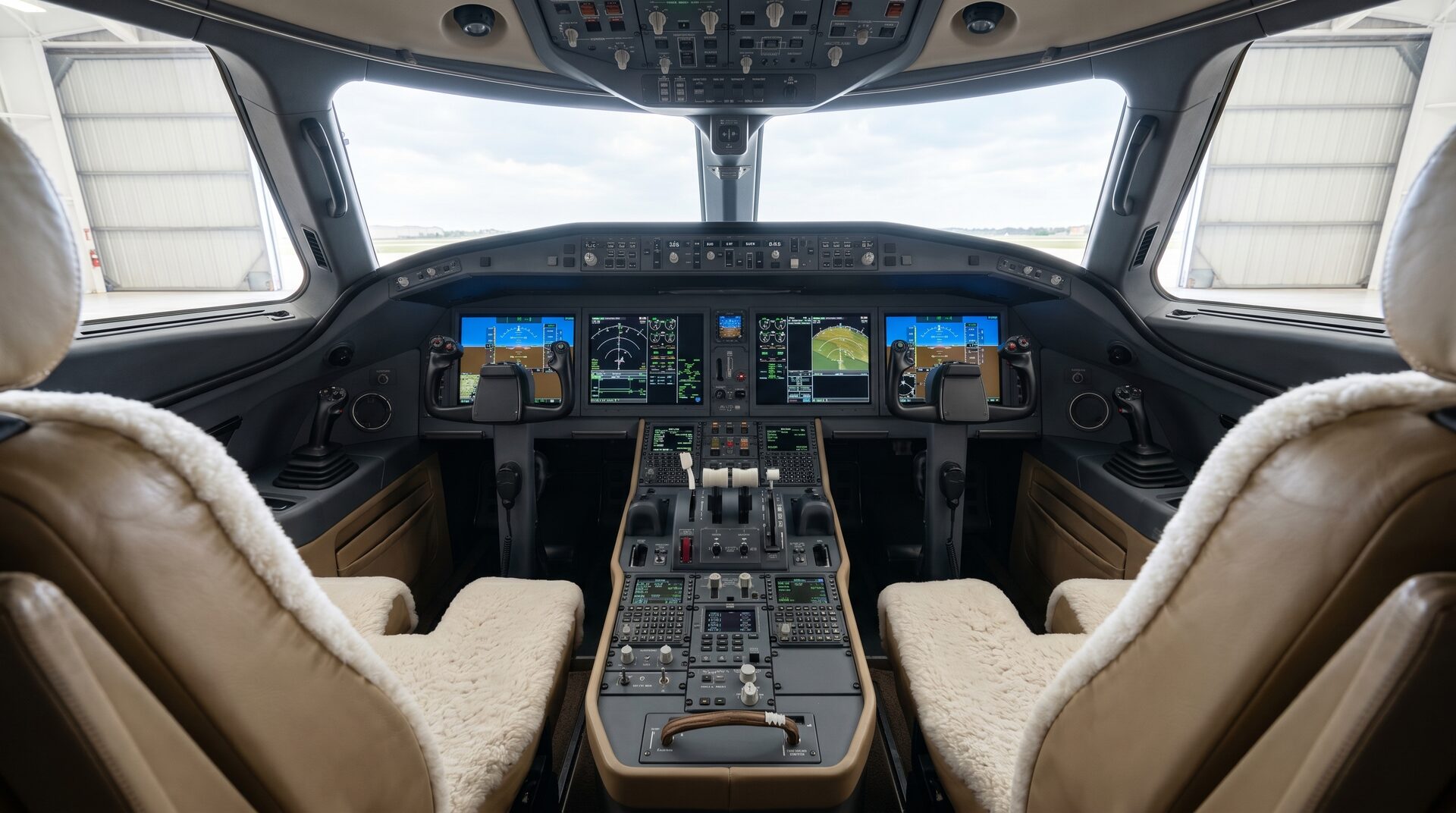The modern cockpit of the Bombardier Global 5500 private jet, featuring advanced digital displays and flight controls, seen from Marbella.