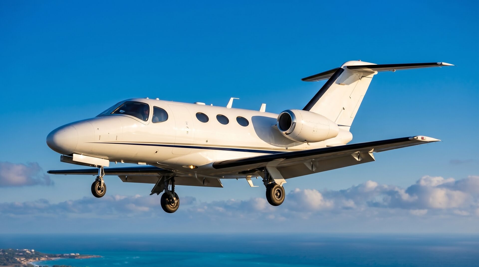 Cessna Citation Mustang — In-flight over Ibiza The white Cessna Citation Mustang light jet is captured in flight with its landing gear extended against a clear blue sky over Ibiza.