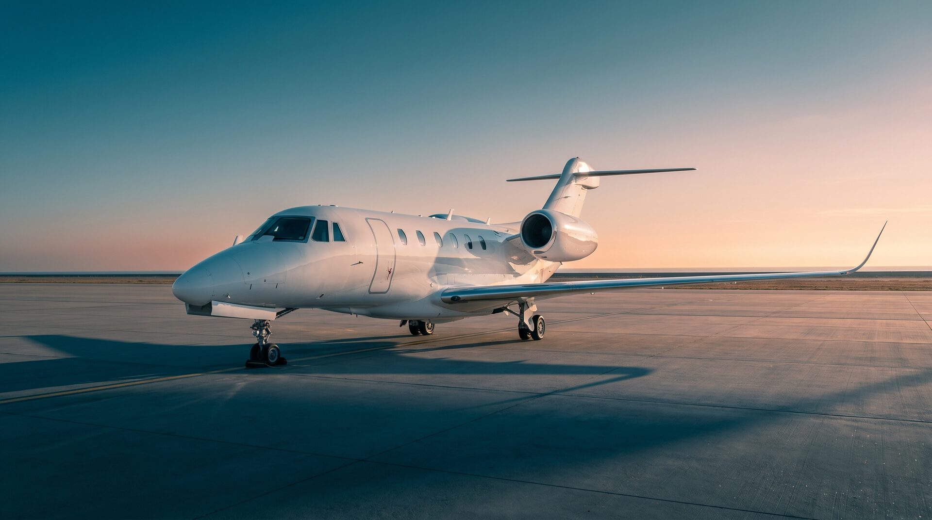 Cessna Citation X — Sunset on tarmac Cessna Citation X private jet parked on the tarmac at sunset in Barcelona, showcasing its sleek design.