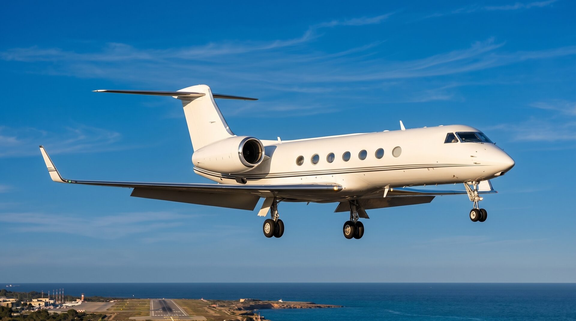 Gulfstream GIV-SP — Private jet in flight A white Gulfstream GIV-SP private jet with its landing gear extended, captured in flight against a clear blue sky.