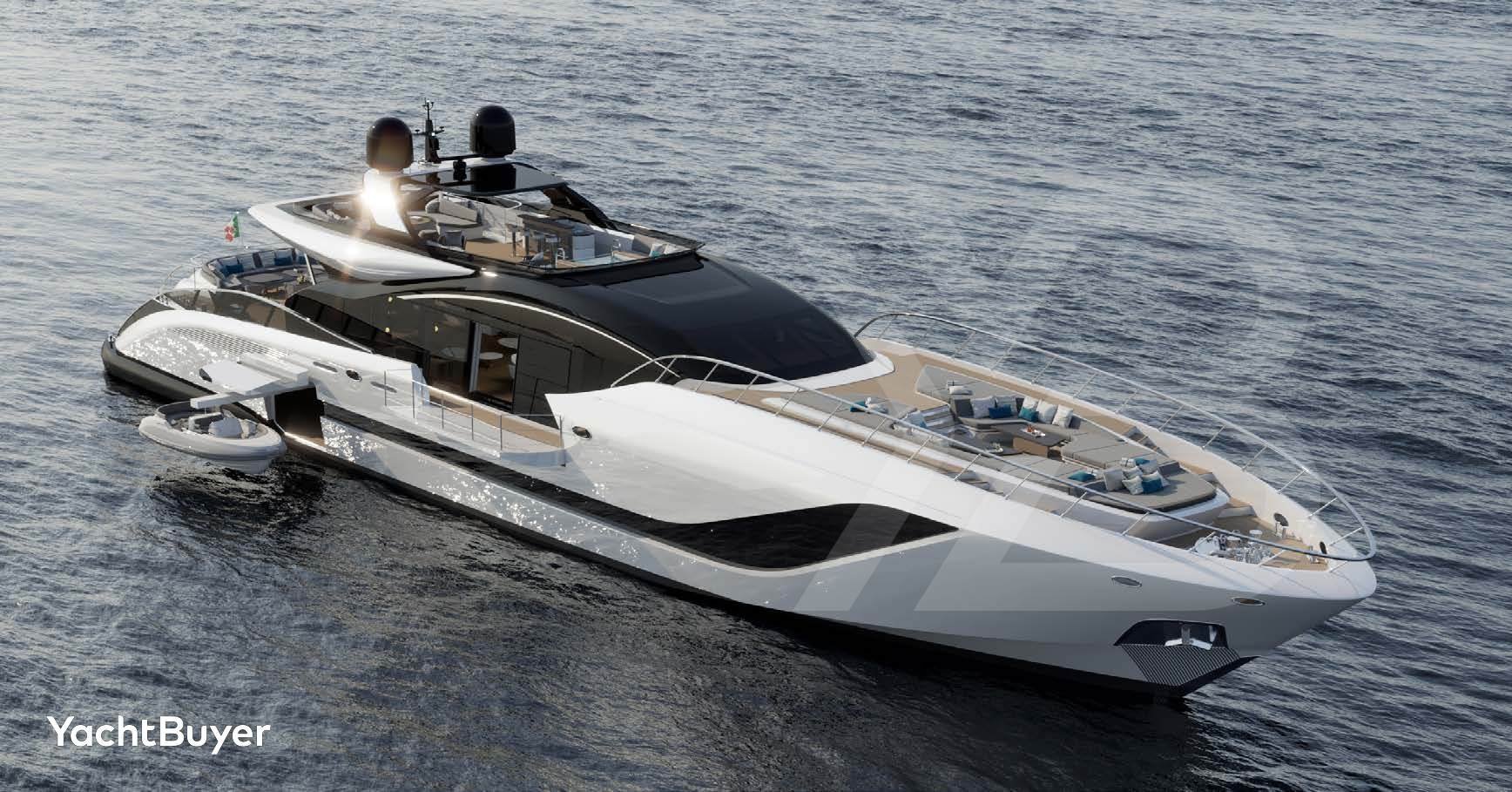 Die Mangusta 165 Superyacht, aus der Vogelperspektive, zeigt ihr elegantes weiß-schwarzes Äußeres, Buglounge und Beiboot in Marbella.