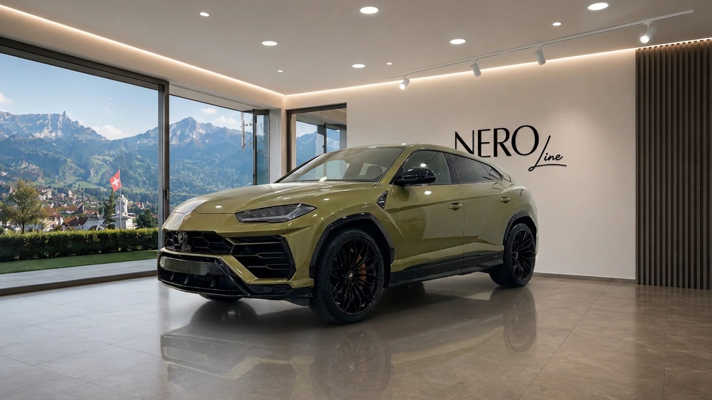 Grey Lamborghini Urus SE catalogue unit in a bright showroom with mountain scenery beyond the windows
