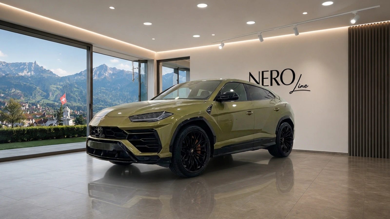 Grey Lamborghini Urus SE catalogue unit in a bright showroom with mountain scenery beyond the windows