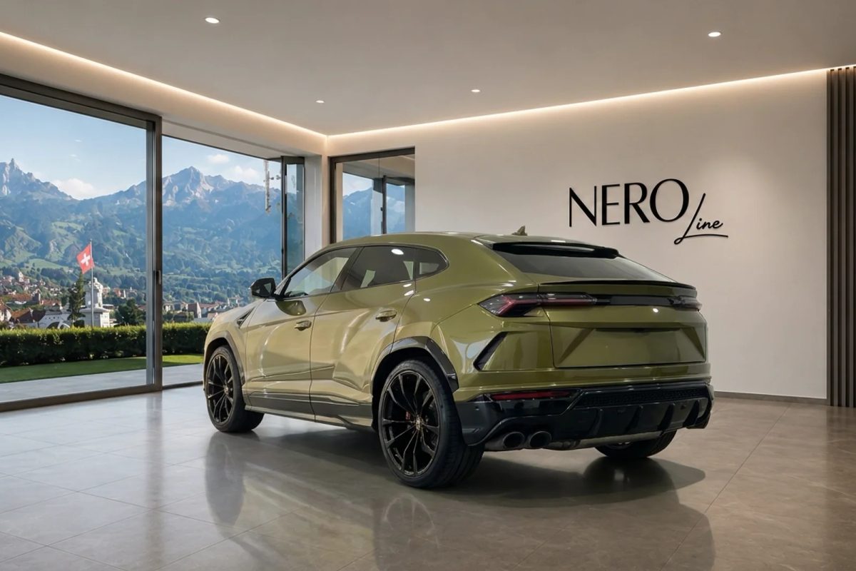 Rear three-quarter view of a grey Lamborghini Urus SE catalogue unit in a showroom