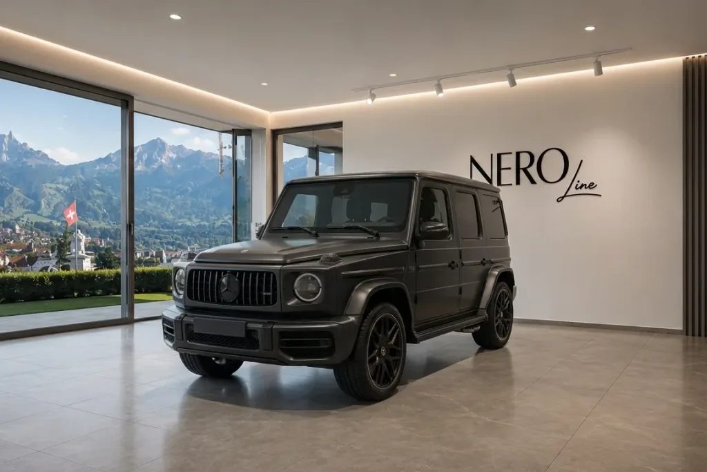 Matte-black Mercedes G63 displayed in the Zurich catalogue showroom