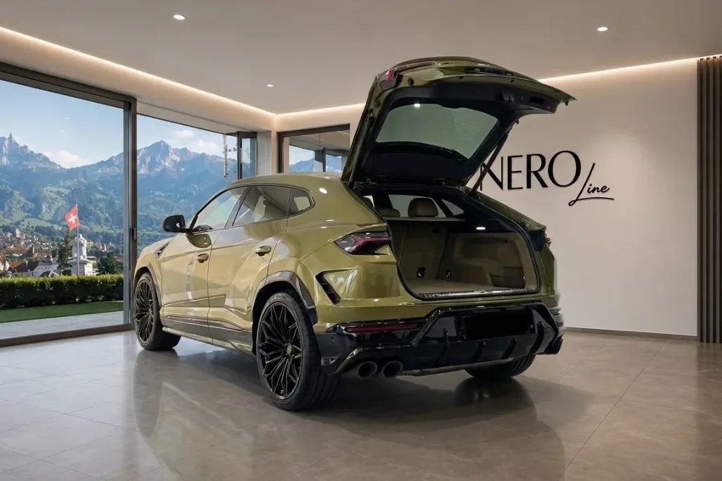 Lamborghini Urus SE in the Zurich showroom with its luggage compartment open