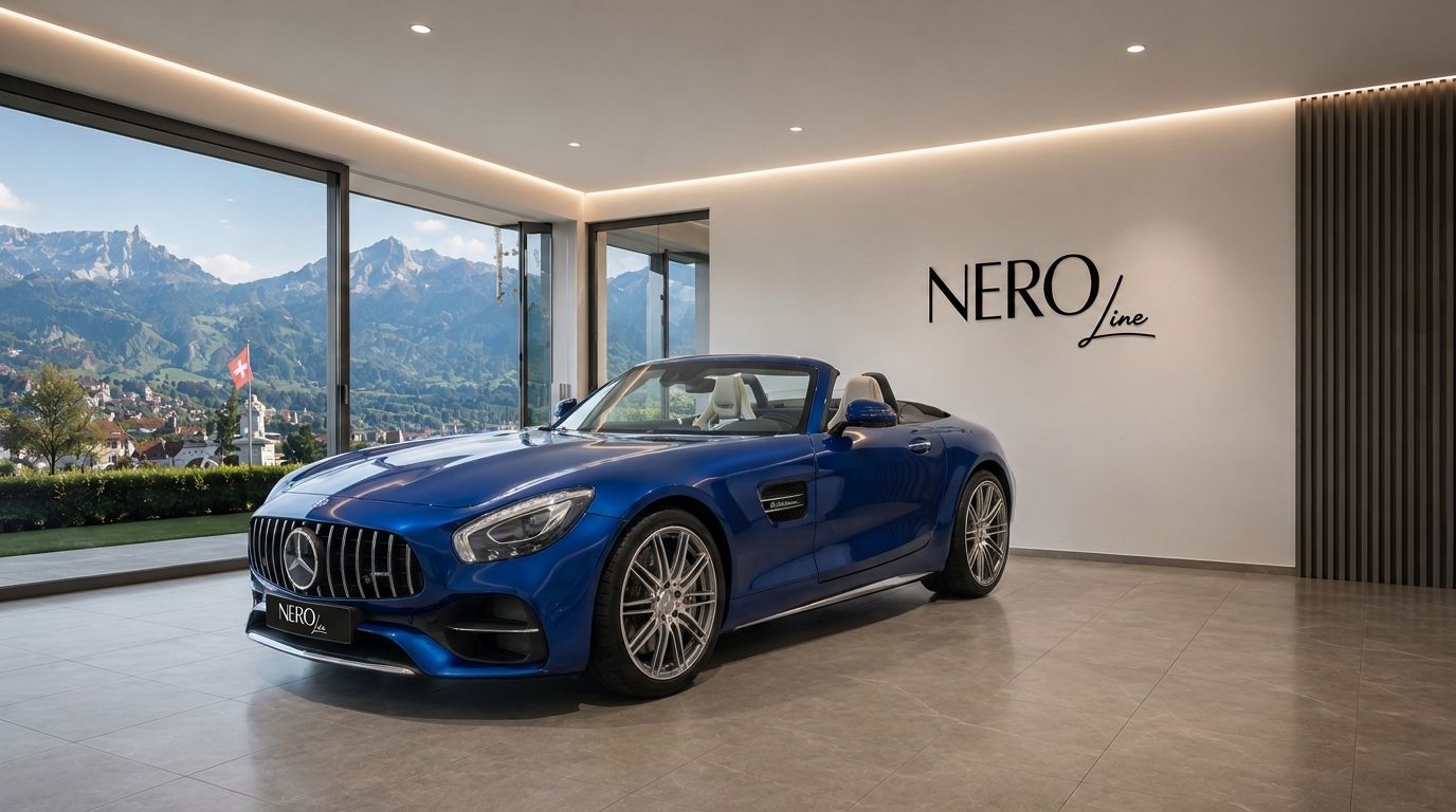 A blue Mercedes-AMG GT Roadster convertible is parked in a luxury showroom, with panoramic views of the Zurich mountains.