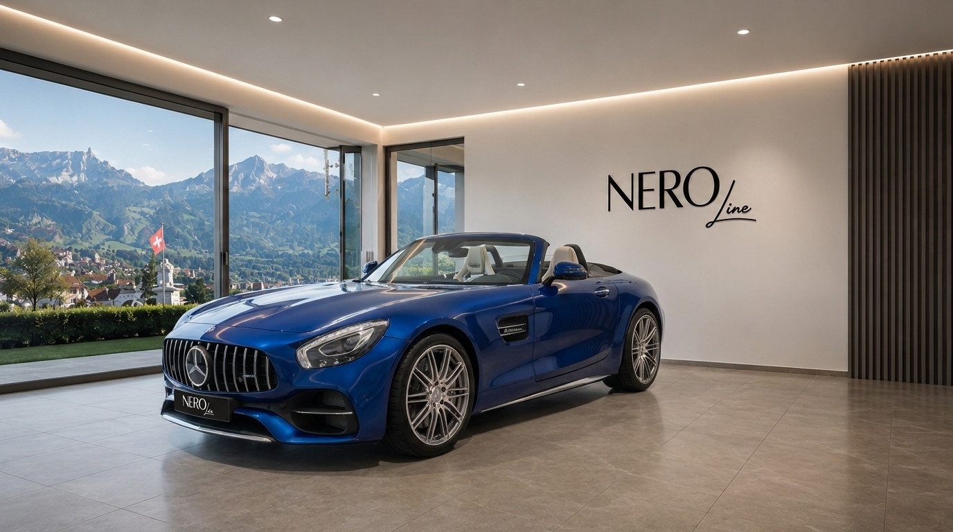 Mercedes-AMG GT Roadster — Luxury showroom in Zurich A blue Mercedes-AMG GT Roadster convertible is parked in a luxury showroom, with panoramic views of the Zurich mountains.