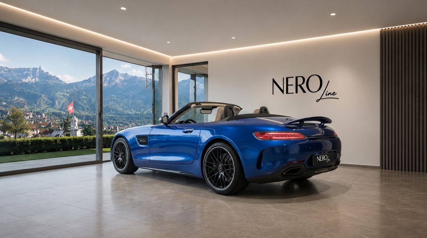 The blue Mercedes-AMG GT Roadster is parked indoors, showcasing its rear three-quarter view with Zurich's mountains visible through a large window.