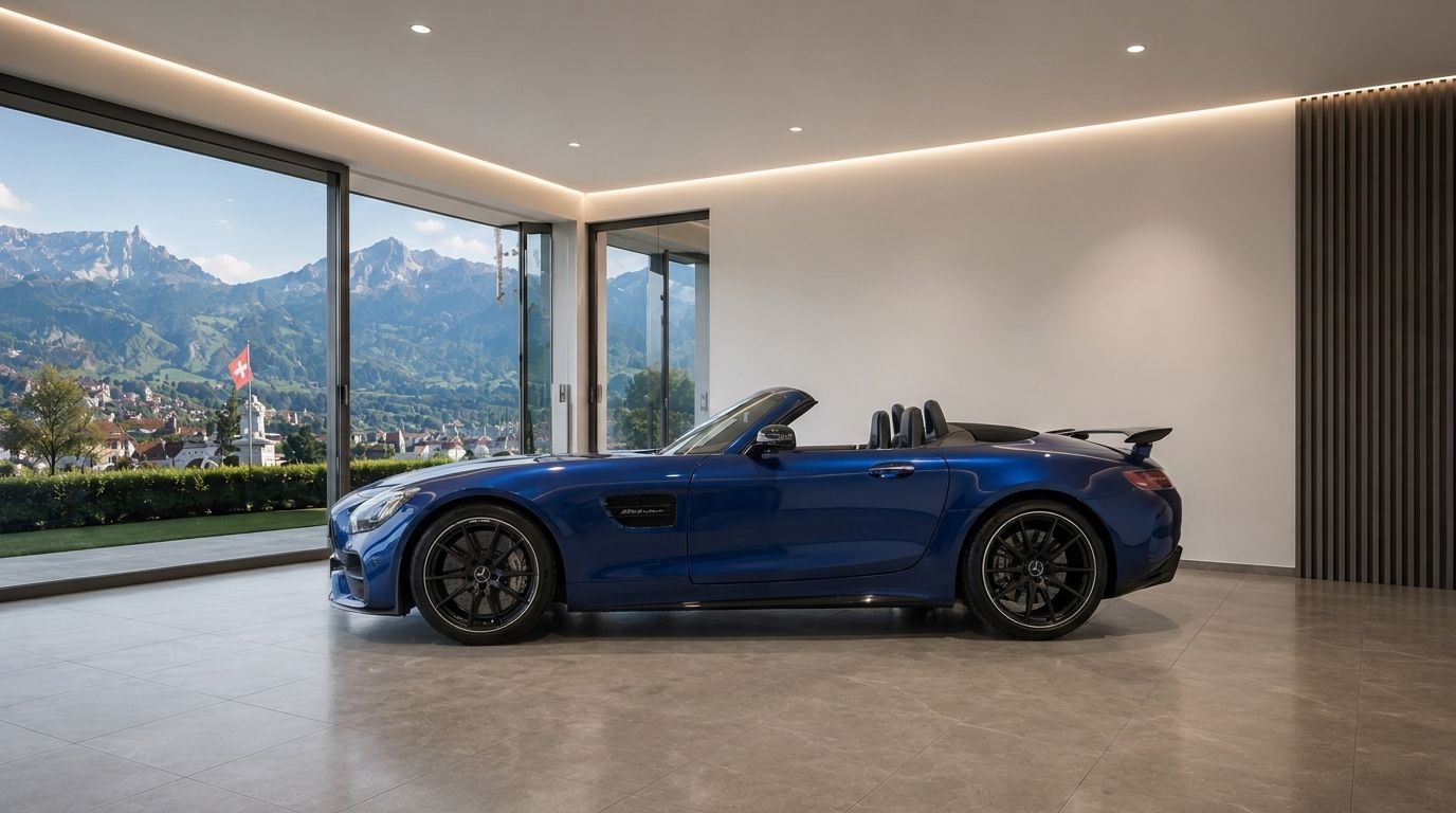 A blue Mercedes-AMG GT Roadster convertible is parked indoors, showcasing a panoramic view of Zurich's mountains and cityscape.