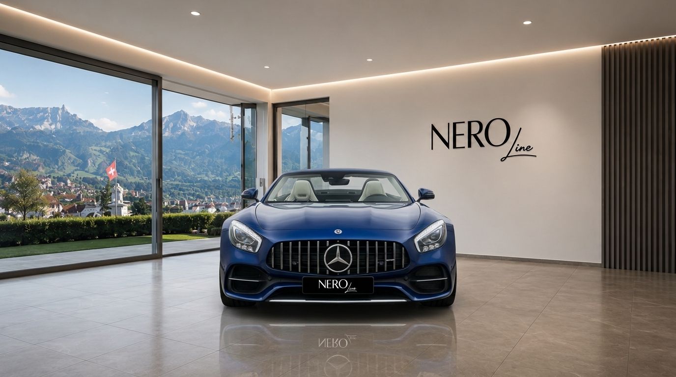 A blue Mercedes-AMG GT Roadster is parked indoors, facing forward, with a panoramic view of the Zurich mountains and city.