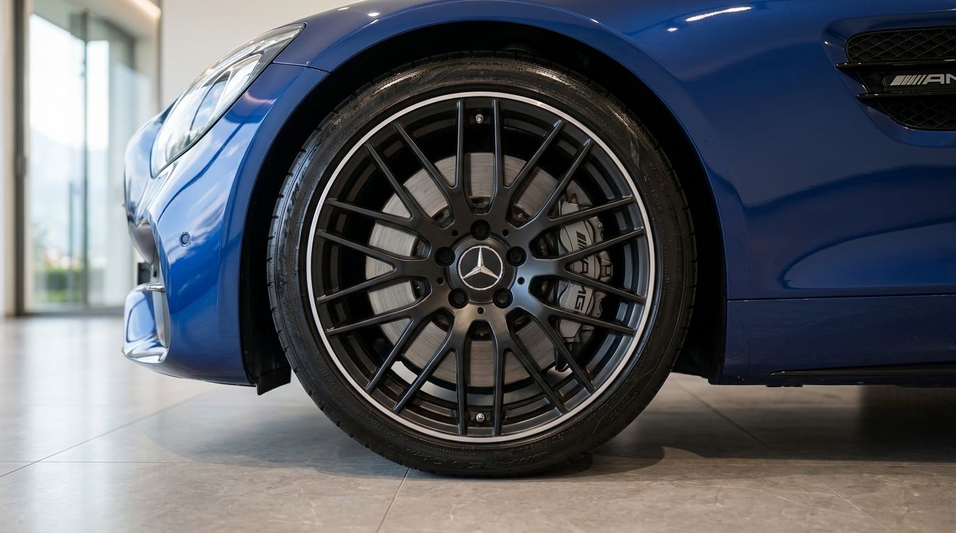 The blue Mercedes-AMG GT Roadster's front wheel and fender are prominently displayed in a Zurich showroom.