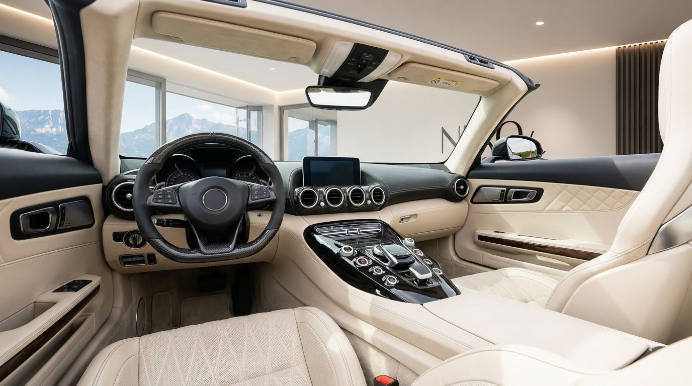 The luxurious beige leather interior of the Mercedes-AMG GT Roadster, featuring a carbon fiber steering wheel, with mountains visible outside in Zurich.