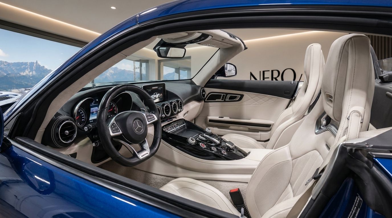 The luxurious cream interior and cockpit of the Mercedes-AMG GT Roadster are visible, with mountains in the background near Zurich.