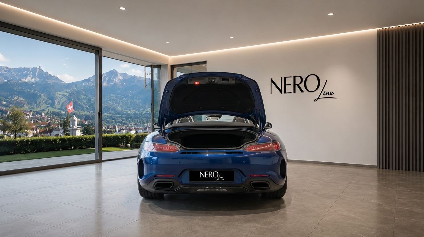 The blue Mercedes-AMG GT Roadster is shown from the rear with its trunk open, parked in a modern showroom overlooking the mountains of Zurich.