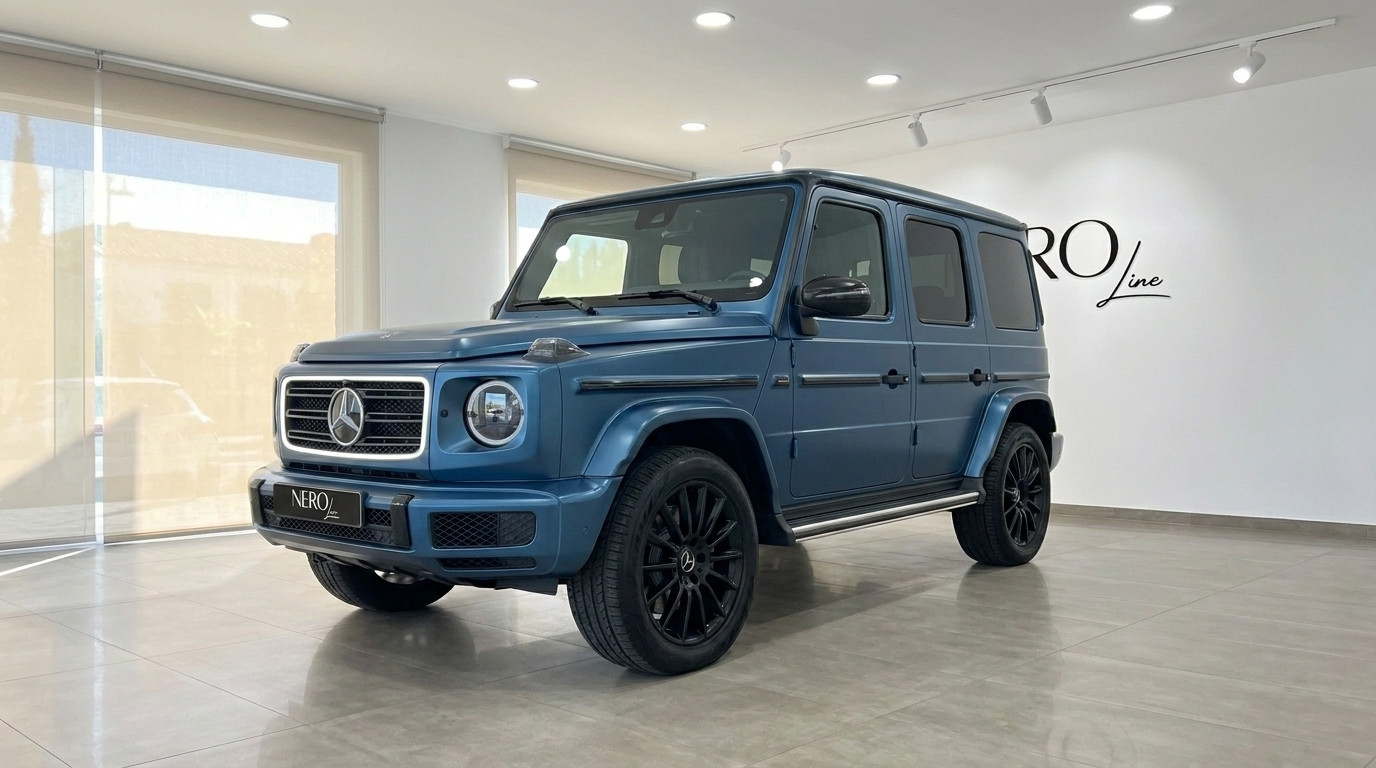 Mercedes-Benz G 580 EQ — Front view Mallorca The matte dark blue Mercedes-Benz G 580 EQ is shown from a front three-quarter angle in a showroom in Mallorca.
