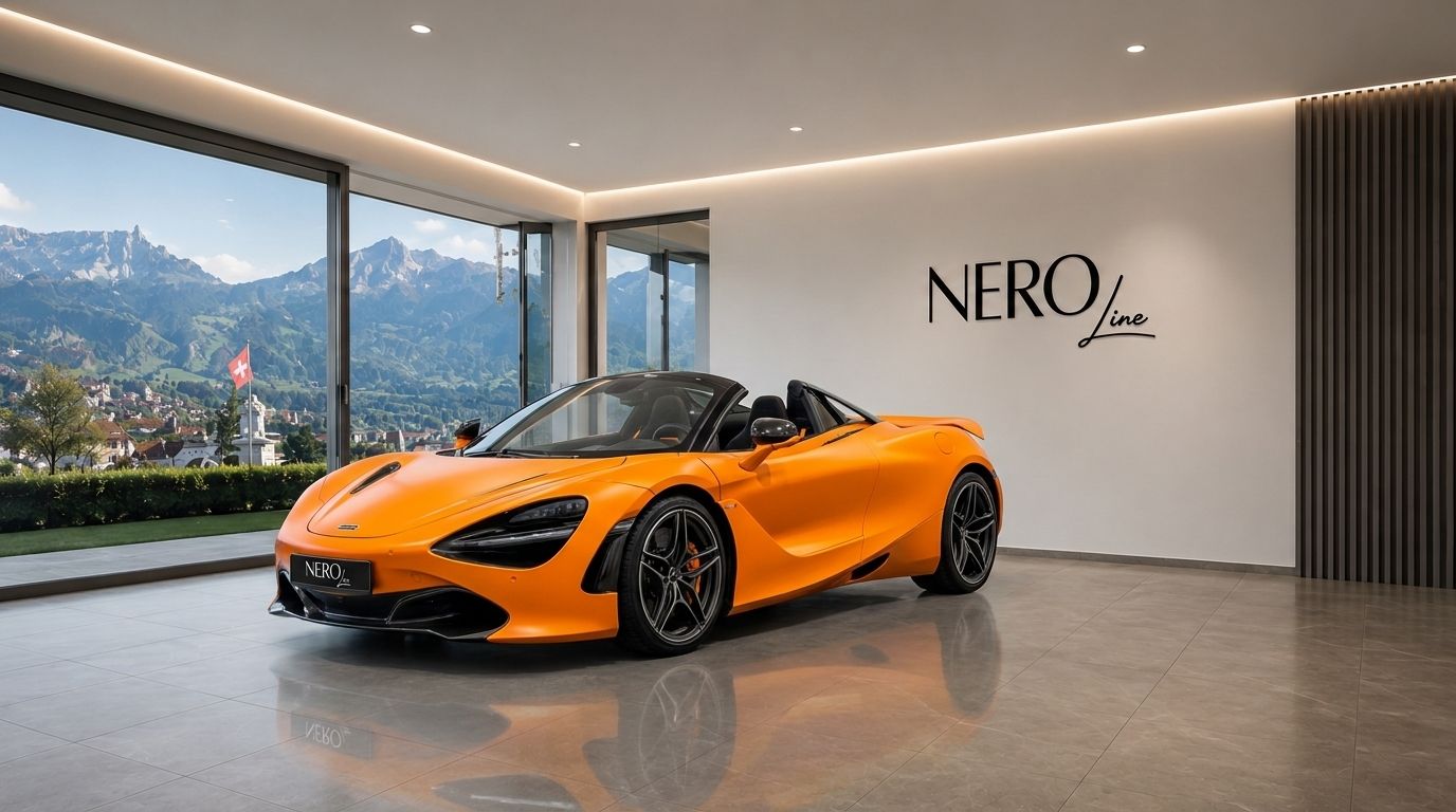An orange McLaren 720s Spider convertible is parked in a modern showroom with a stunning mountain view of Zurich.