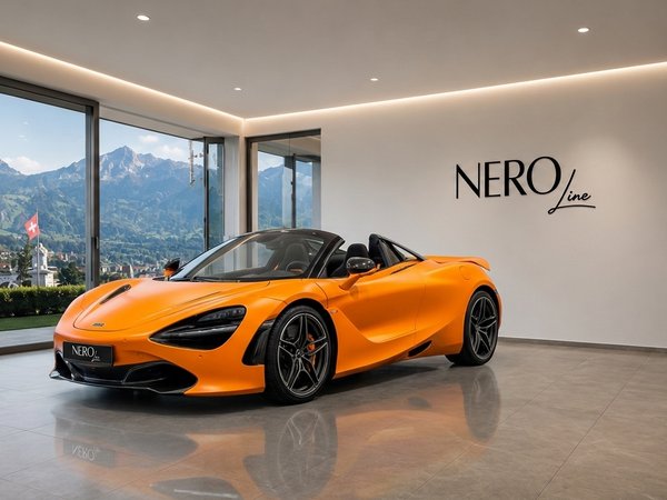 McLaren 720s Spider — Showroom view in Zurich An orange McLaren 720s Spider convertible is parked in a modern showroom with a stunning mountain view of Zurich.