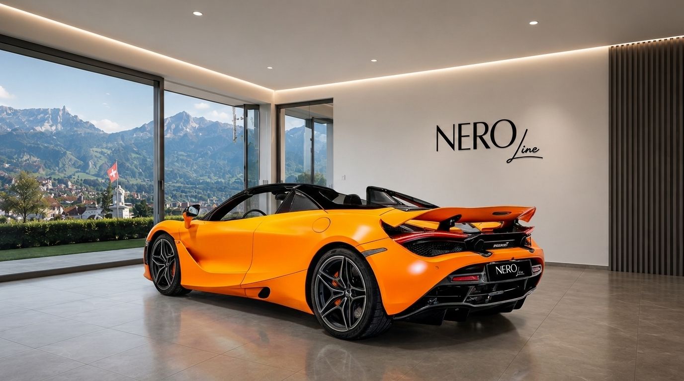 The orange McLaren 720s Spider is parked in a modern showroom, with a scenic mountain view of Zurich visible through the large window.