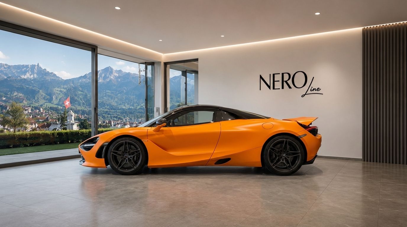 An orange McLaren 720s Spider is parked indoors, its sleek side profile visible against a panoramic view of Swiss mountains and Zurich.