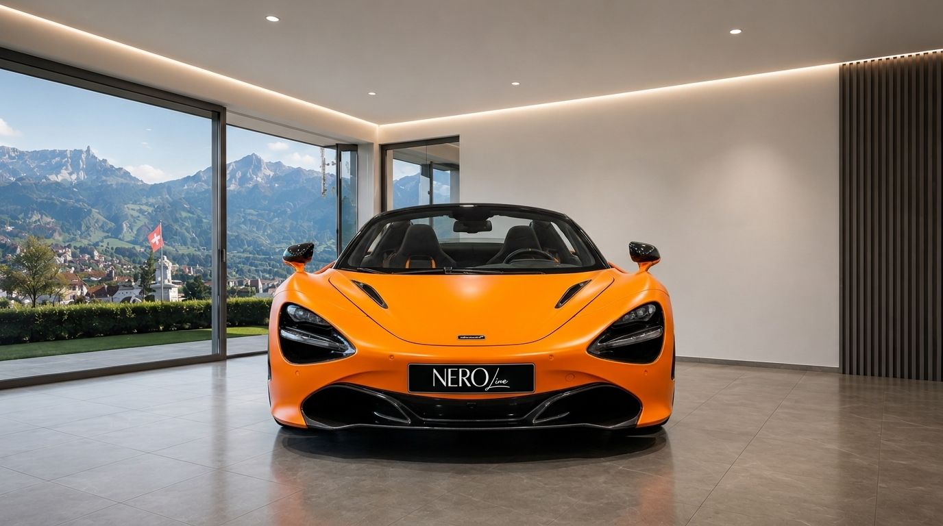 An orange McLaren 720s Spider supercar is parked indoors, facing forward, with a panoramic view of the Zurich mountains and cityscape visible through large windows.