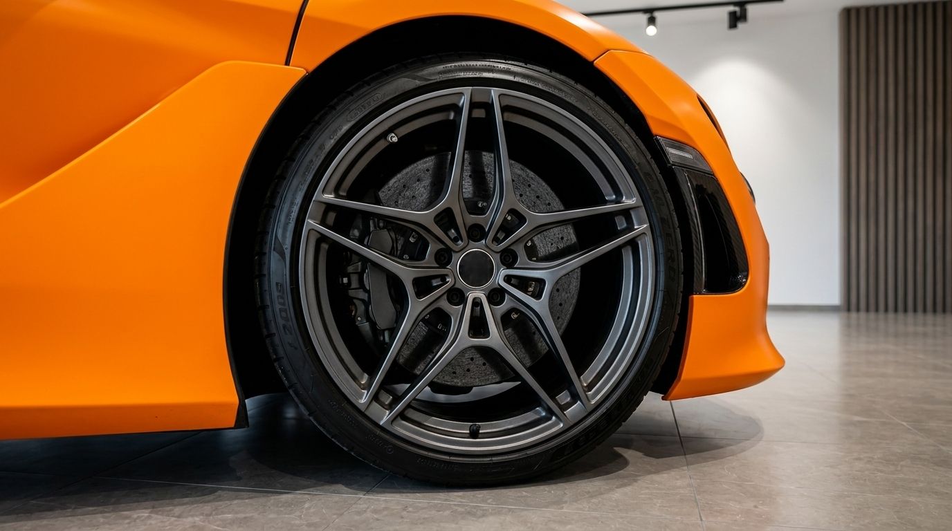The McLaren 720s Spider's front wheel and carbon ceramic brakes are prominently displayed in a Zurich showroom.