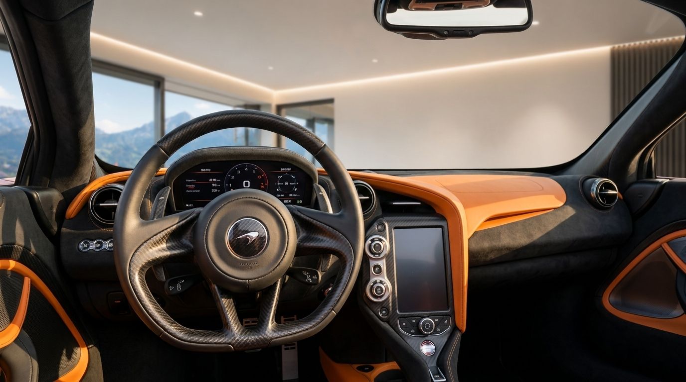 The McLaren 720s Spider's luxurious cockpit and dashboard with orange accents are visible, ready for Zurich roads.