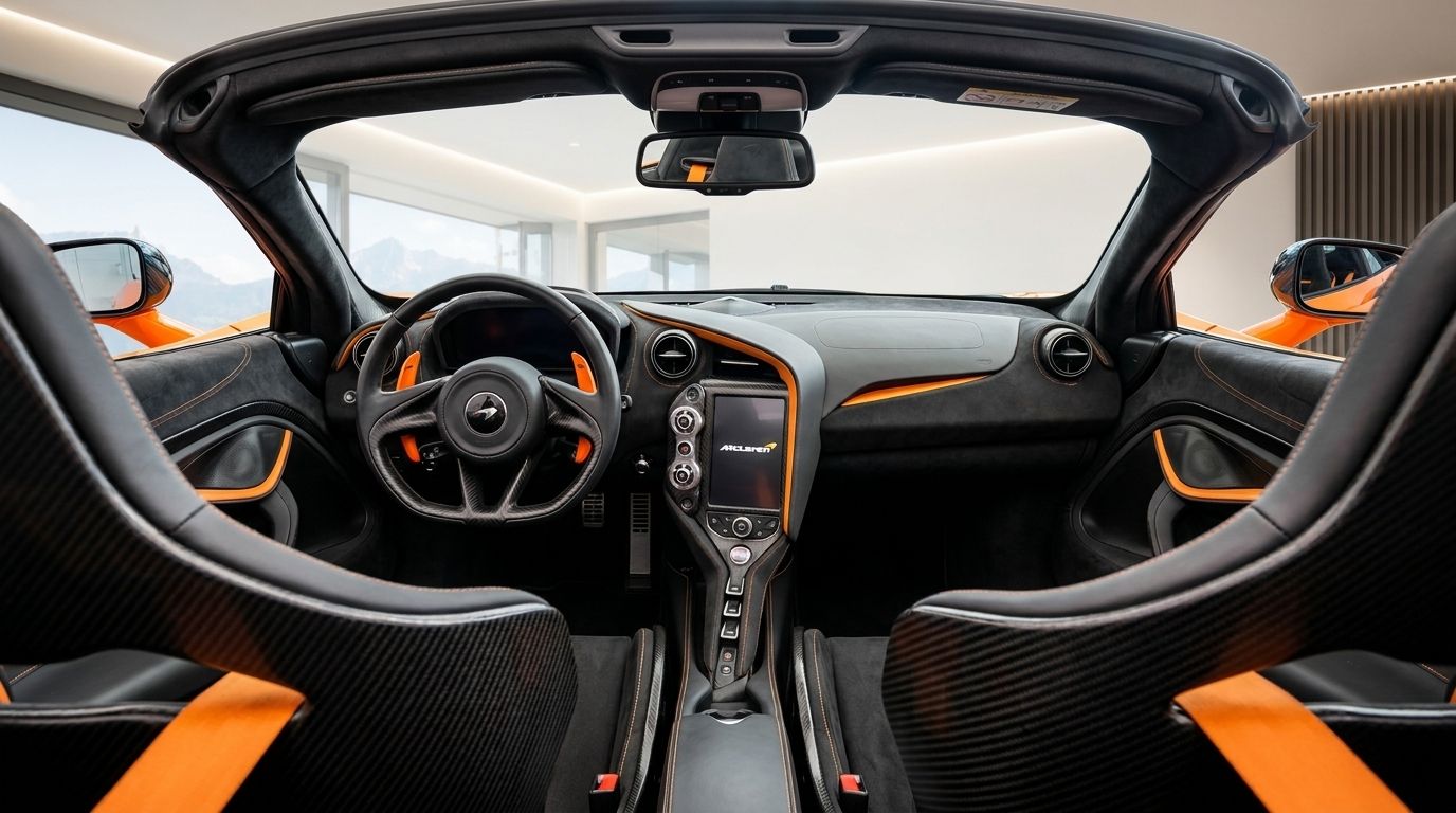 The McLaren 720s Spider's luxurious cockpit interior features black and orange accents, carbon fiber seats, and a modern dashboard, seen in Zurich.