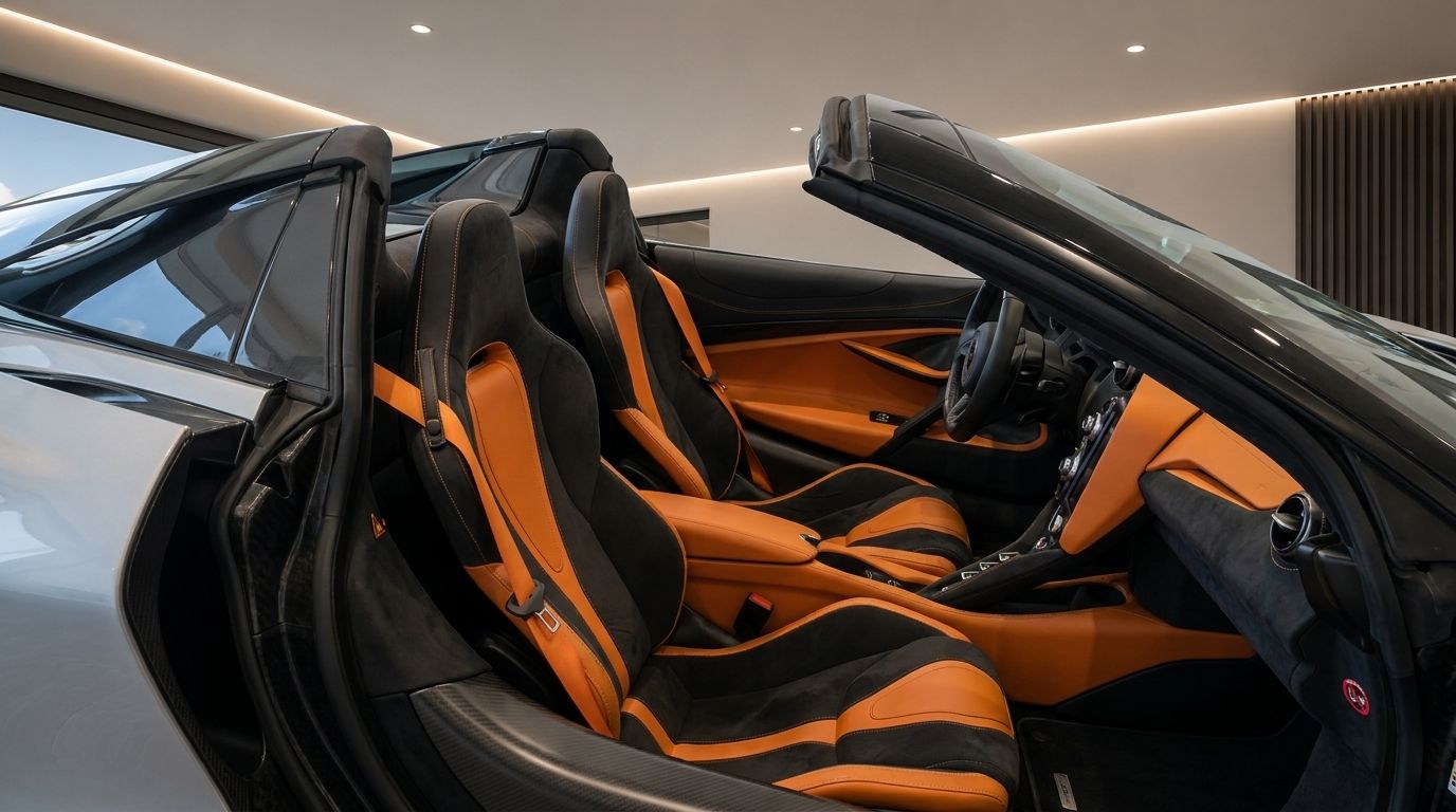 The luxurious interior of the McLaren 720s Spider in Zurich, featuring striking black and orange sports seats and dashboard.