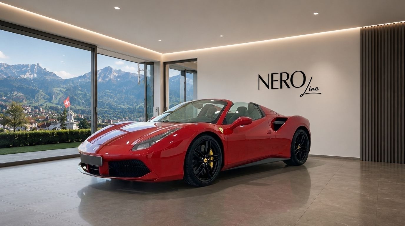 A red Ferrari 488 Spider convertible is parked indoors, showcasing its sleek design against a panoramic view of mountains and Zurich.