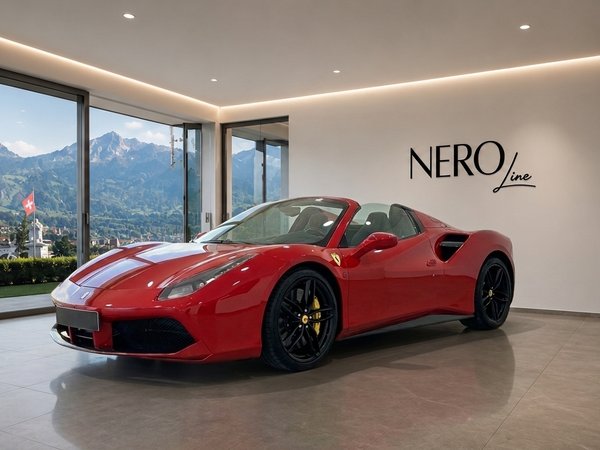 Ferrari 488 Spider — Luxury rental in Zurich A red Ferrari 488 Spider convertible is parked indoors, showcasing its sleek design against a panoramic view of mountains and Zurich.