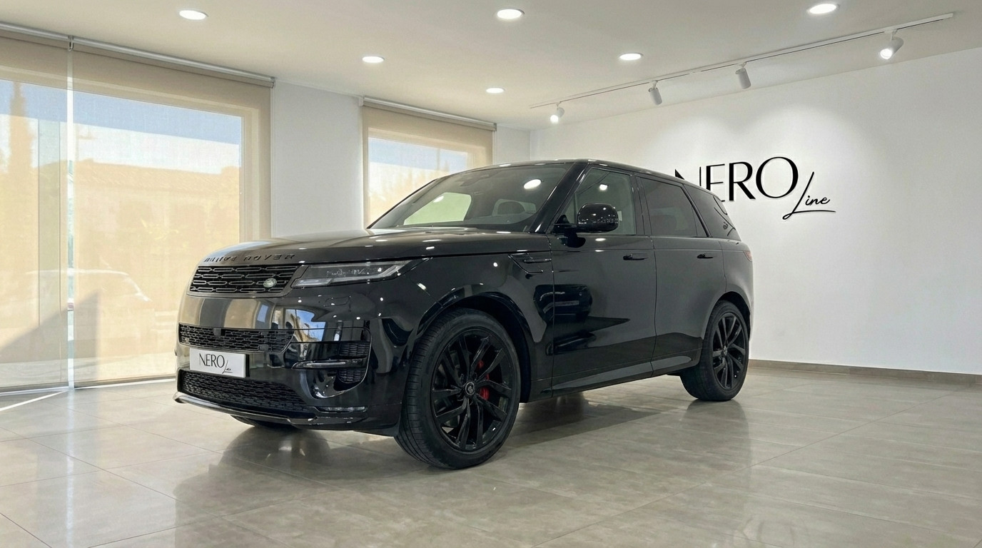 Range Rover Sport — SUV de lujo en Madrid El Range Rover Sport 2024 negro azabache se exhibe desde un ángulo frontal tres cuartos en un moderno showroom en Madrid.