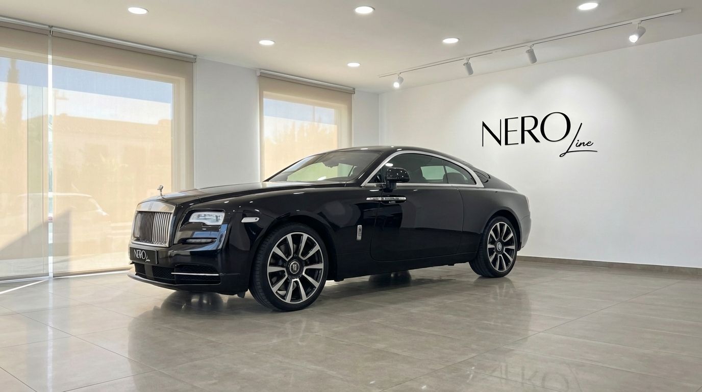 The black 2024 Rolls-Royce Wraith luxury coupe is showcased from a side view in a modern showroom in Malaga.