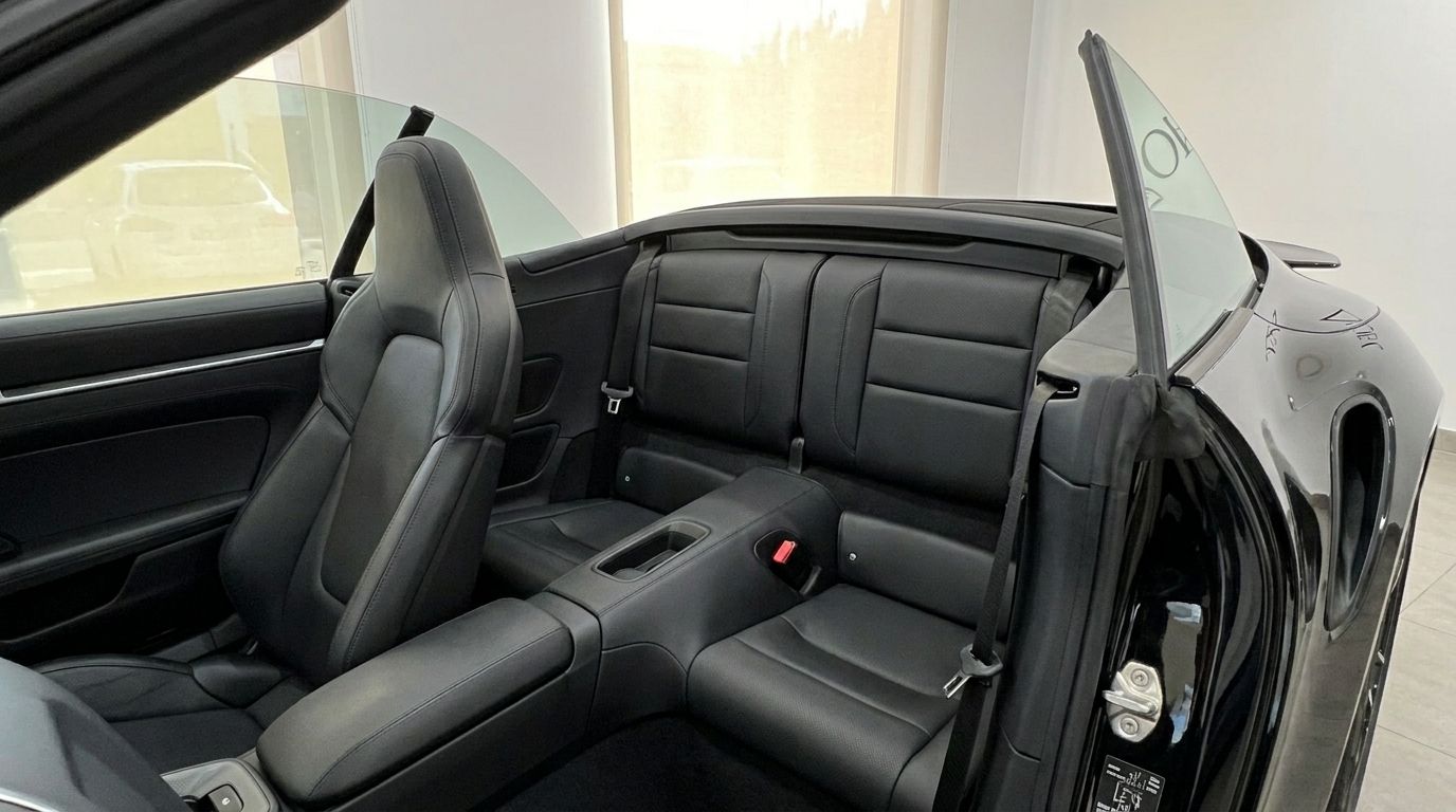 View of the black leather interior, showing the rear seats and passenger front seat of the Porsche 911 Turbo S Cabriolet in Madrid.