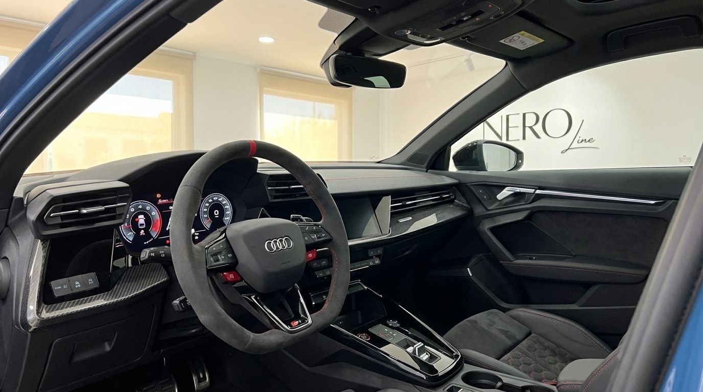 The driver's cockpit of the Audi RS3 in Alicante, featuring a sporty steering wheel, digital dashboard, and performance seats.