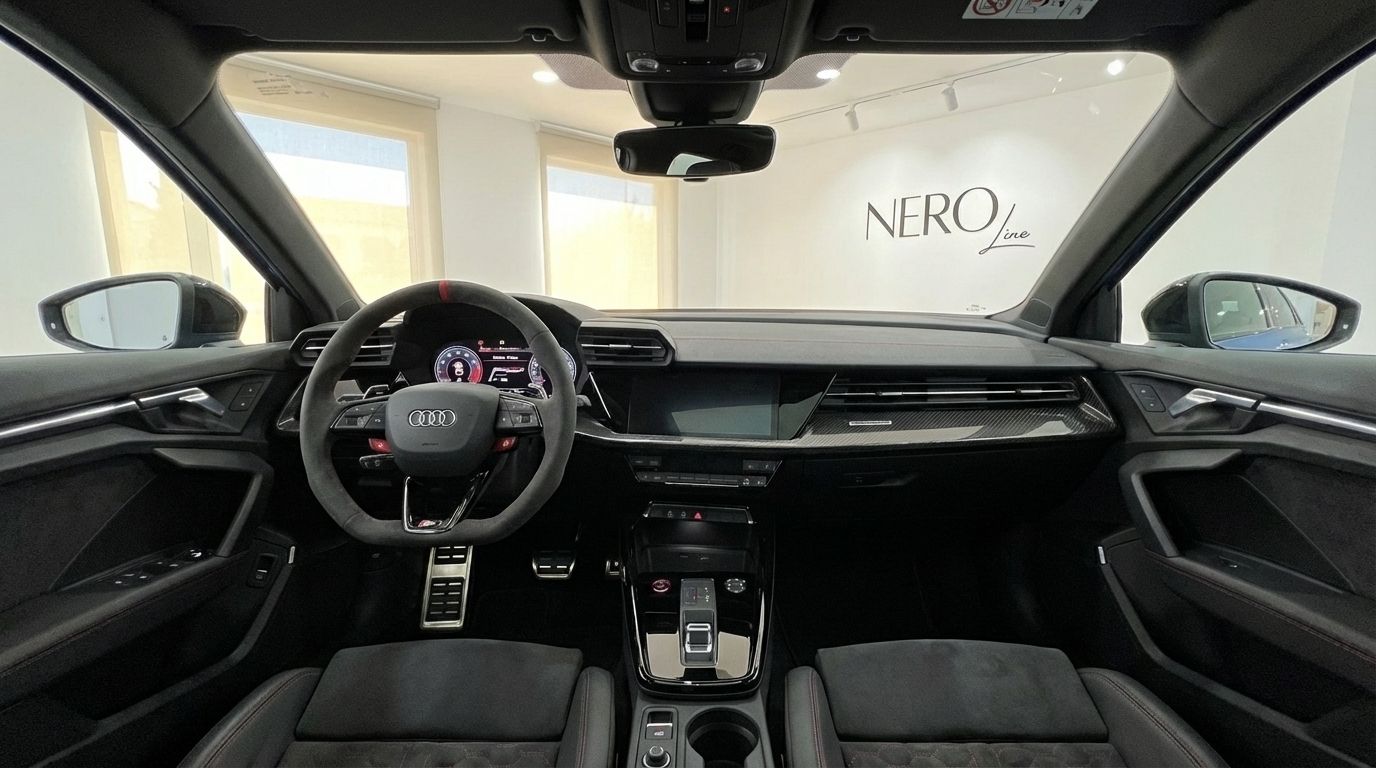 The luxurious cockpit of the Audi RS3, featuring its sport steering wheel, digital dashboard, and premium seats, seen from the driver's perspective in Alicante.