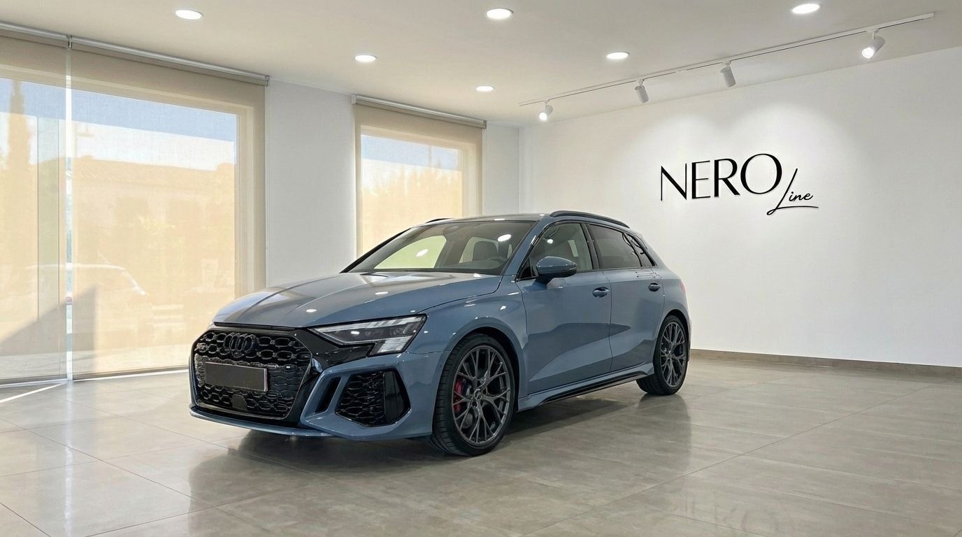 A sleek blue-gray Audi RS3 luxury sedan is showcased from a front three-quarter angle inside a bright showroom in Alicante.