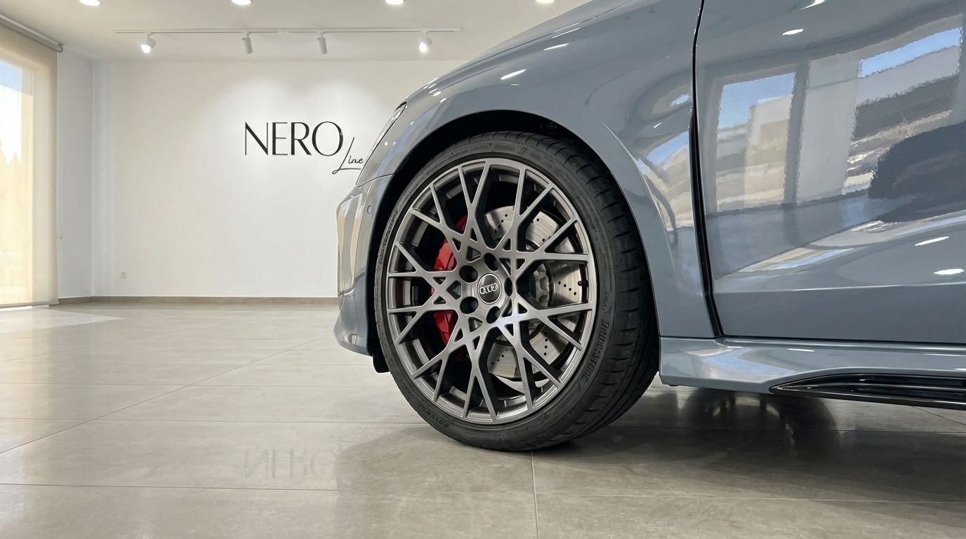 Close-up of the Audi RS3's front wheel, showcasing its intricate gray alloy rim, red brake caliper, and part of the blue-gray body in Alicante.