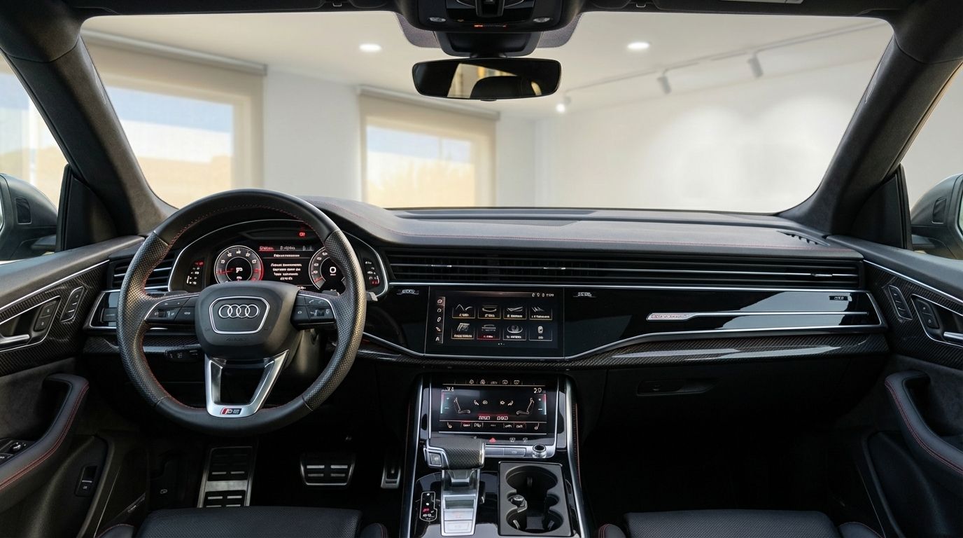 The luxurious interior of the Audi SQ8 RS Body, featuring the dashboard, steering wheel, and dual touchscreens in Alicante.