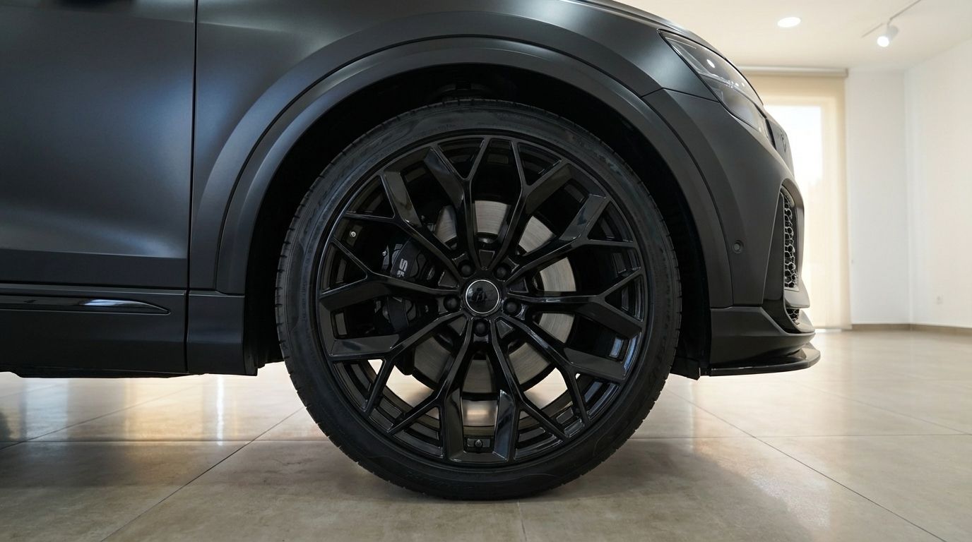 The matte black Audi SQ8 RS Body's front wheel with intricate black spokes and brake caliper is prominently displayed in Alicante.