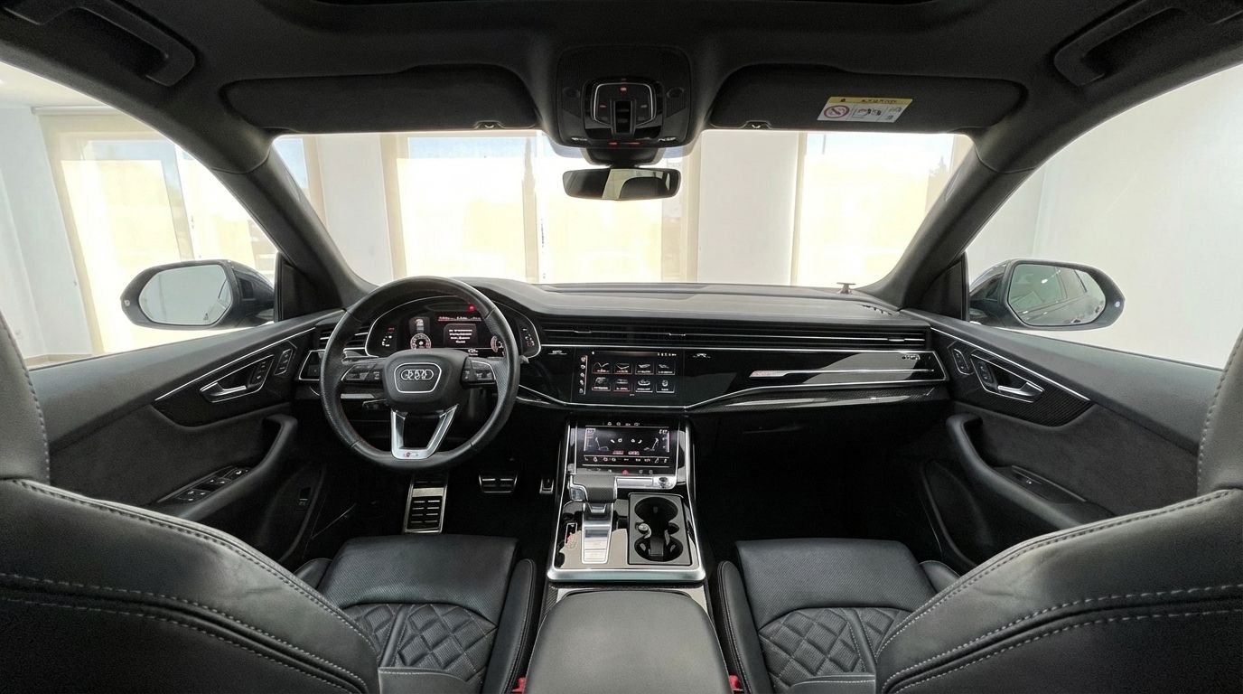 The luxurious black leather interior and advanced cockpit of the Audi SQ8 RS Body in Alicante, featuring dual touchscreens and a sporty steering wheel.