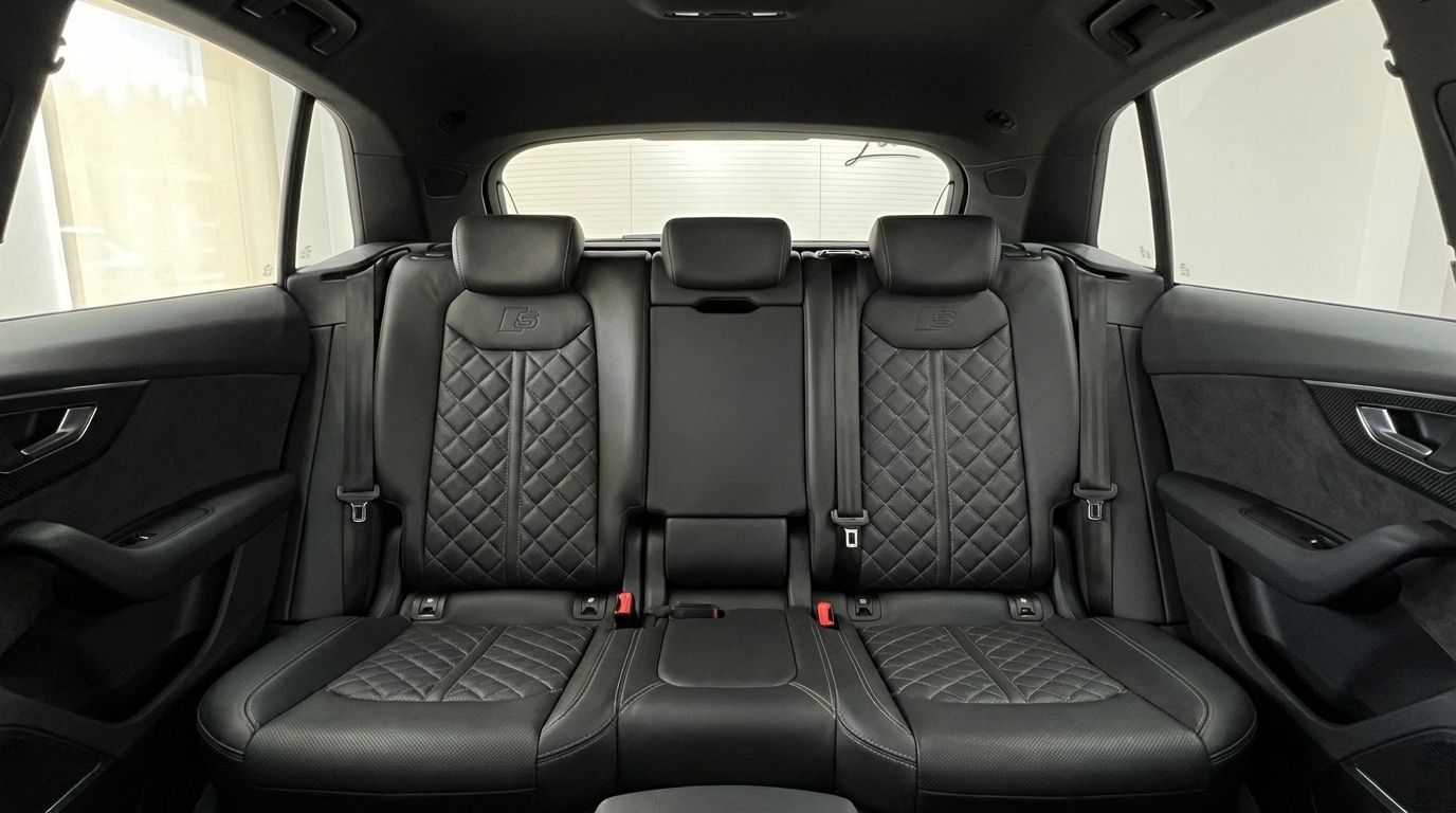 Audi SQ8's luxurious rear black leather seats with diamond quilting and S logos, highlighting the spacious interior in Alicante.