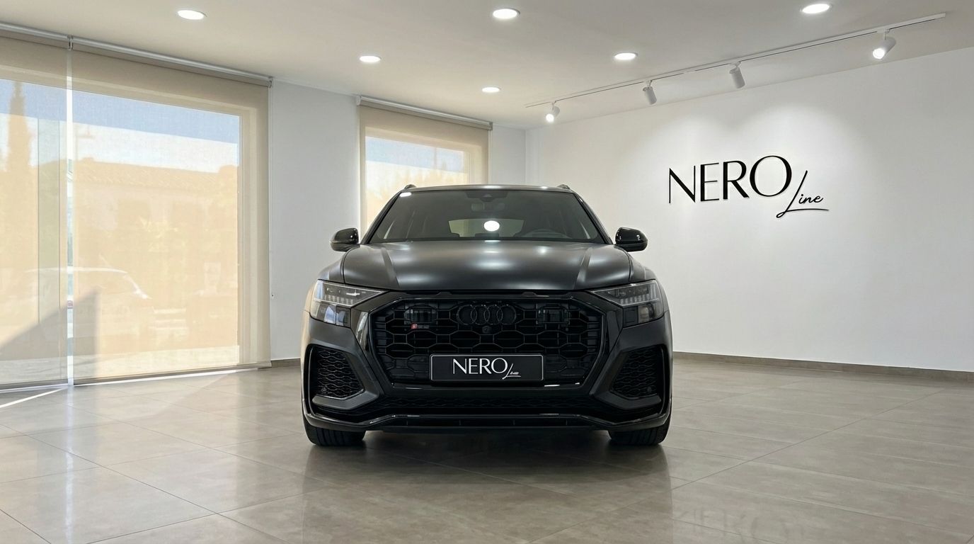The matte black Audi SQ8 RS Body is showcased from a direct front view in a bright showroom in Alicante, featuring the Nero Line logo.